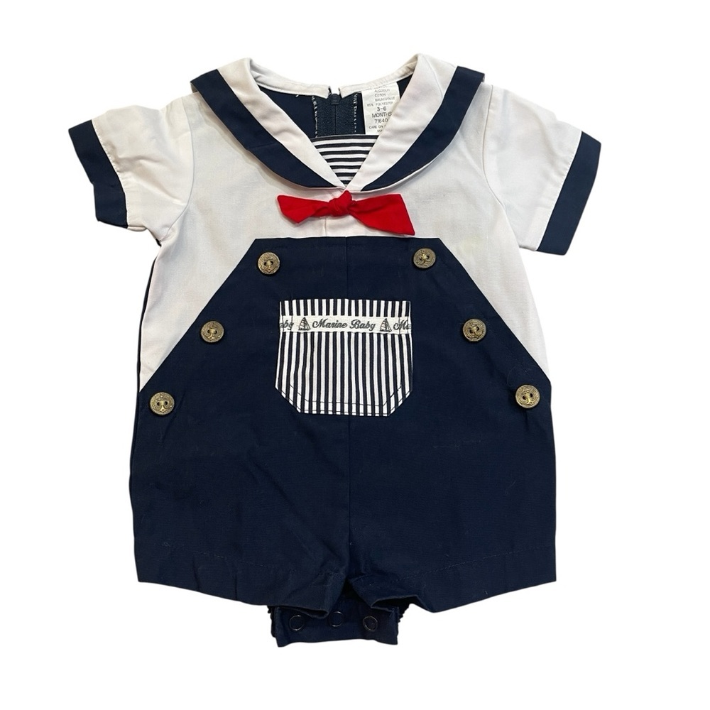 Vintage Marine Baby Bodysuit Romper Sailor Suit Blue White Nautical 3-6 months